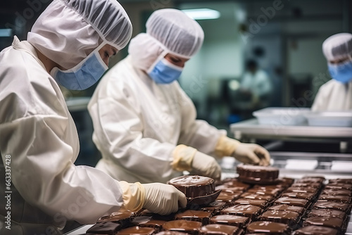 Employees dressed in protective clothes are working on producing chocolate products in a factory