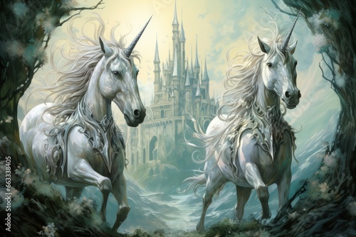 Majestic unicorns with shimmering silver horns - Generative AI