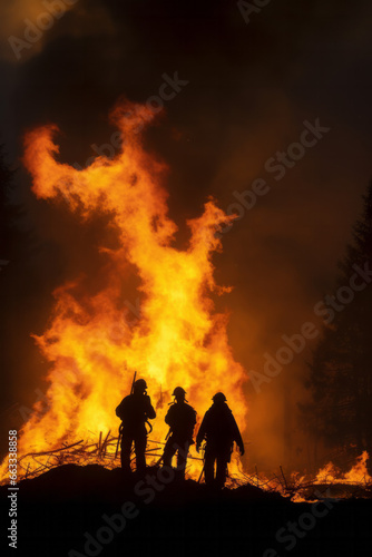 Silhouette of three firemen fighting a huge fire of burning timber