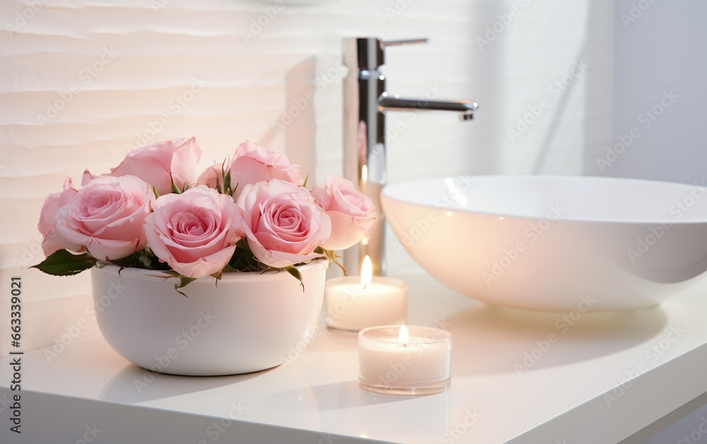 Luxury bathroom interior with white ceramic vessel sink, flowers in glass vase, towels and candles. Romantic atmosphere, harmony, nature health concept.