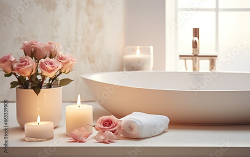 Elegant white bathroom interior with modern ceramic vessel sink, flowers, towels and candles. Relaxation, wellness, spa salon, aromatherapy concept