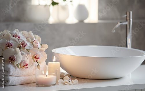 White bathroom interior with ceramic vessel sink, flowers, towels and candles. Relaxation, wellness, spa or massage salon, aromatherapy concept