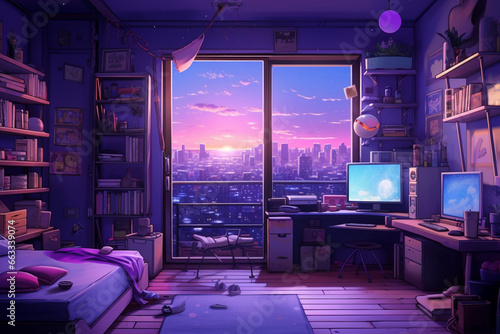 Urban Oasis: An Anime Dream Apartment with Lofi Vibes, Purple Undertones, and a Dash of Anime Chic