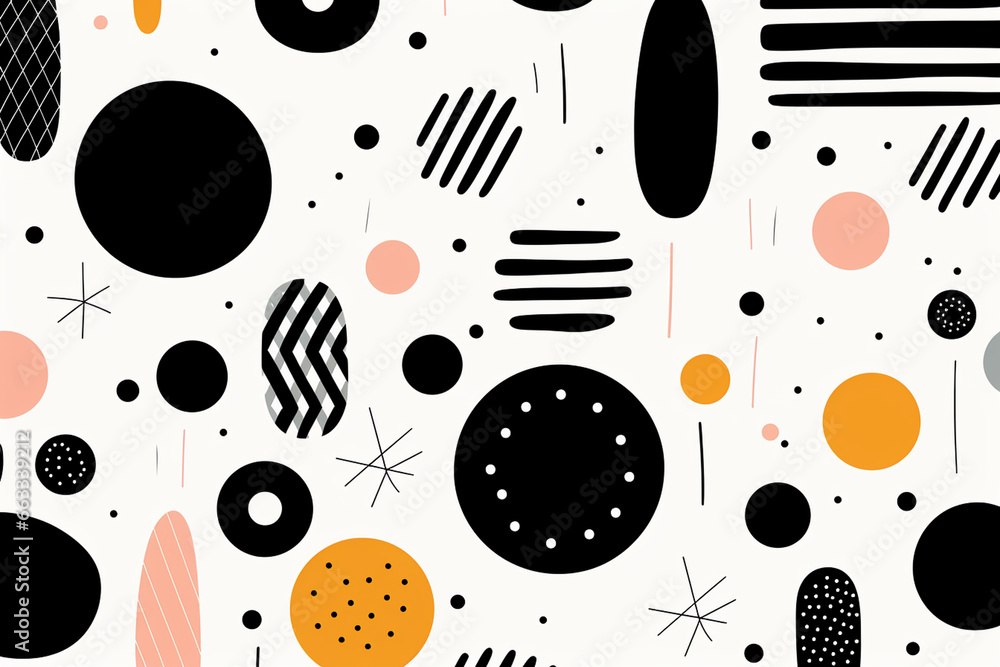 Abstract seamless pattern with geometric shapes, lines, dots, spots, circles. Vector illustration.