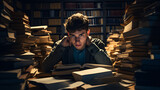 a determined student studying late at night, surrounded by stacks of books and glowing study lamps, capturing the dedication and perseverance required for academic success