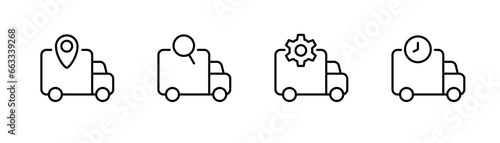 Delivery truck line icon. Shipping van icon set. Delivery lorry. Truck with loupe and gearwheel. Editable stroke. Stock vector illustration.