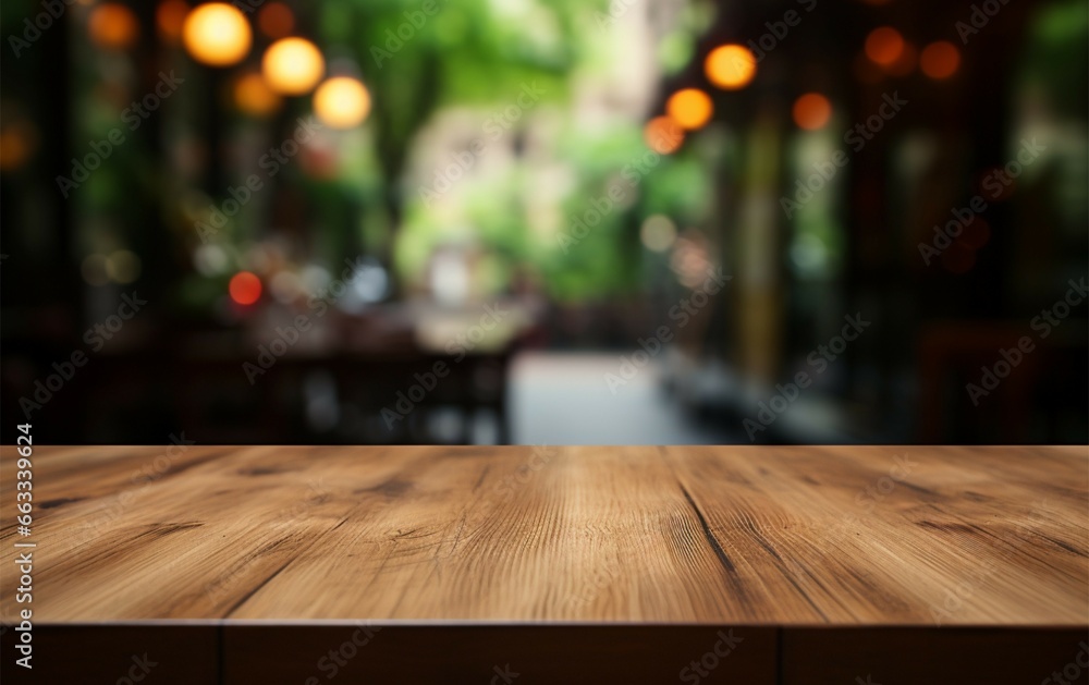 A coffee shops blurred backdrop enhances an empty wooden table