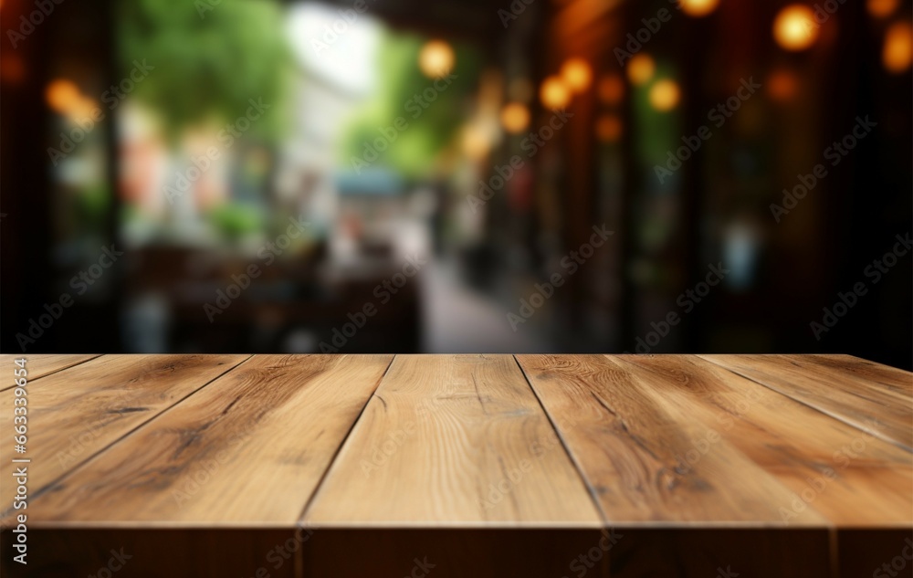 A coffee shops blurred backdrop enhances an empty wooden table