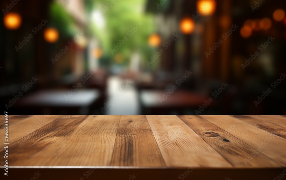 A coffee shops blurred backdrop enhances an empty wooden table A coffee shops blurred backdrop enhances an empty wooden table