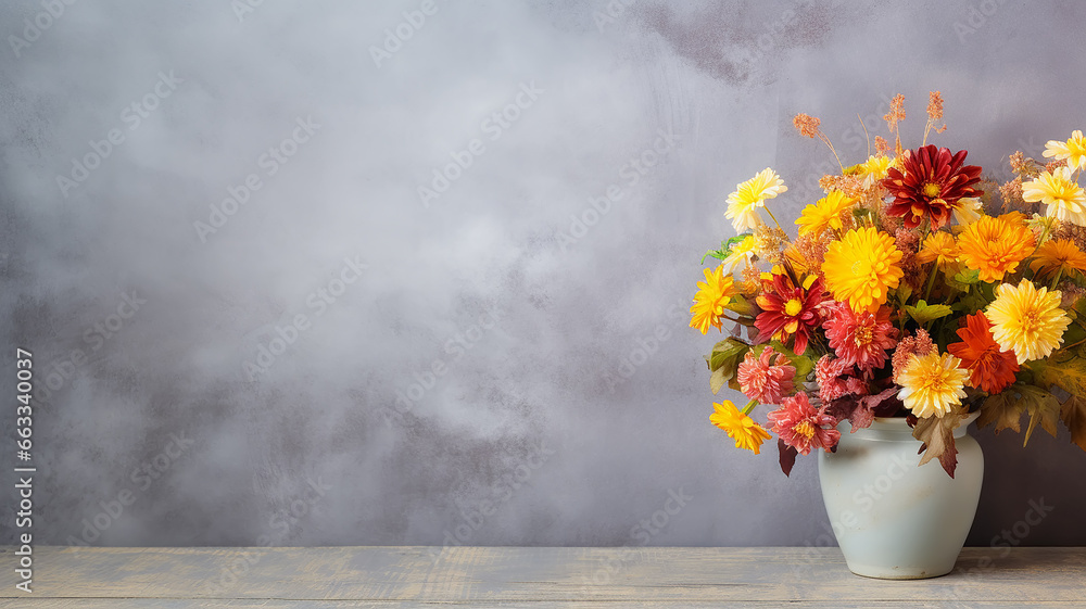 vase of autumn marigold flowers on a solid background with a copy space, greeting card in October, postcard vase of autumn marigold flowers on a solid background with a copy space, greeting card in October, postcard