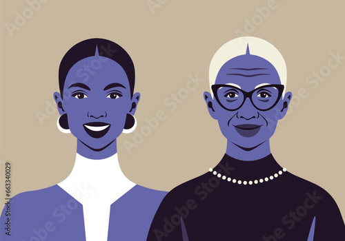 Faces of young and old African women. Aging process. Grandmother and granddaughter. Vector flat illustration