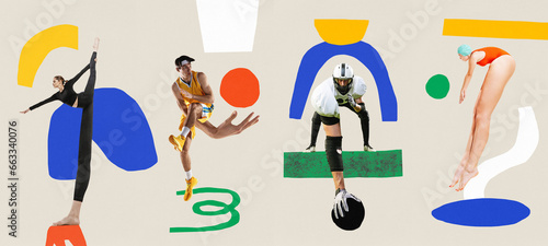 Contemporary art collage. Set made of creative designed posters with professional sporty people in different kinds of sport. Individual and team sport.