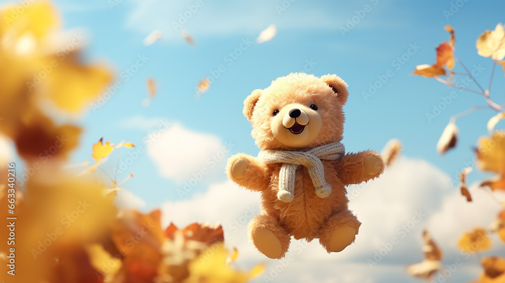 plush bear toy in the blue sky with fallen yellow leaves, seasonal calendar change october, generated abstract children's toy plush bear toy in the blue sky with fallen yellow leaves, seasonal calendar change october, generated abstract children's toy