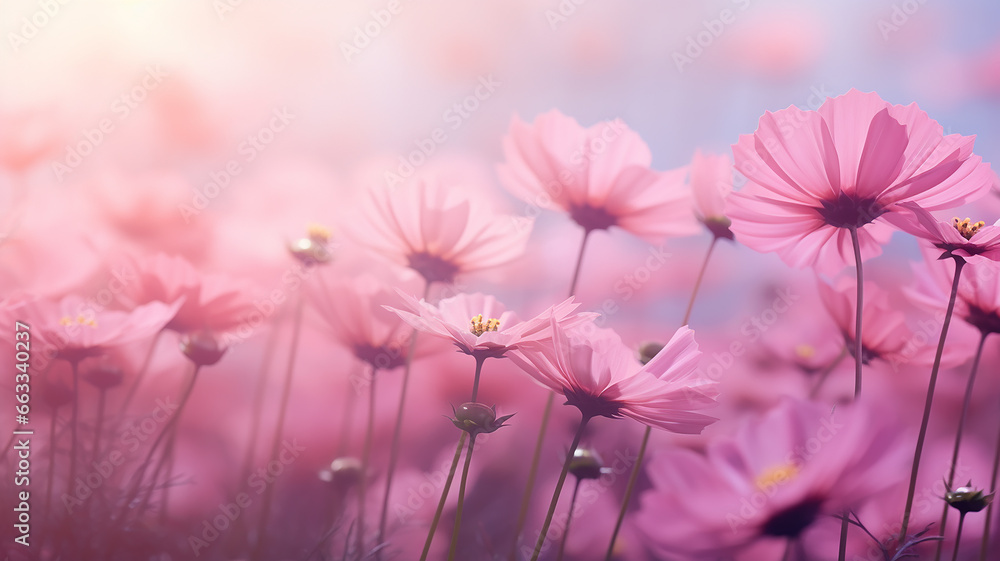 wild flowers, pink gerberas, daisies in the field, landscape view close-up of many pink flowers, delicate aroma soft pastel