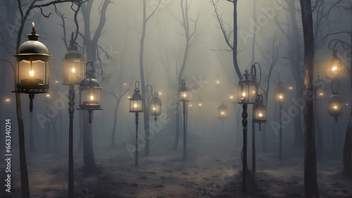 generated art landscape with street lights in the night autumn fog, fabulous picture silence mystery mist