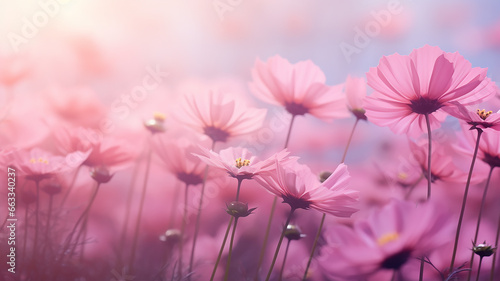 wild flowers  pink gerberas  daisies in the field  landscape view close-up of many pink flowers  delicate aroma soft pastel