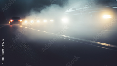 autumn fog on a wet night road in the headlights of a car  autumn dangerous driving weather  fog in the light of a car