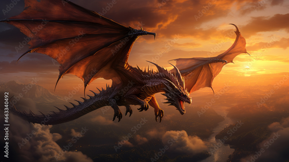 dragon flying in the sky - obrazy, fototapety, plakaty 
