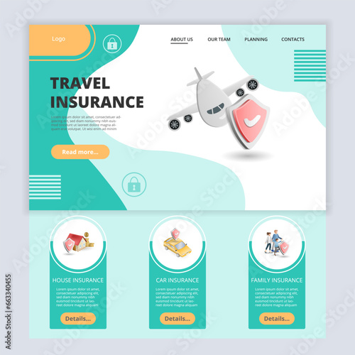 Travel insurance flat landing page website template. House insurance, car insurance, family insurance. Web banner with header, content and footer. Vector illustration.