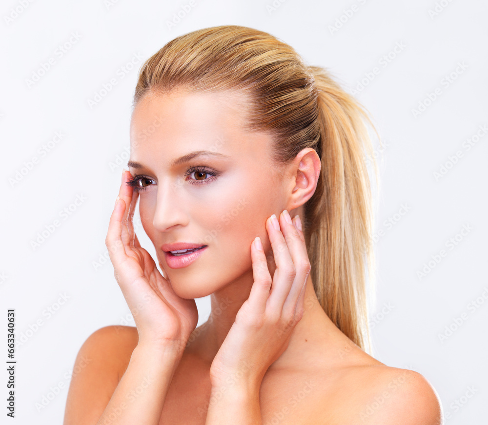 Face, skincare and vision of a woman closeup in studio on a white background for natural wellness or cosmetics. Beauty, cosmetics or foundation with a confident young model at the salon for treatment