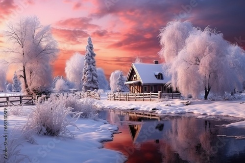 Winter beautiful landscape with trees covered with hoarfrost, river and old wooden house. Generative ai art.