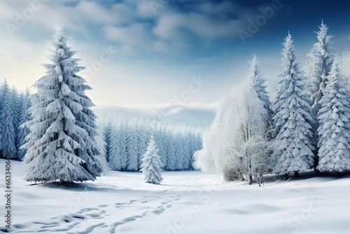 Winter beautiful landscape with pine trees covered with hoarfrost. Generative ai art.