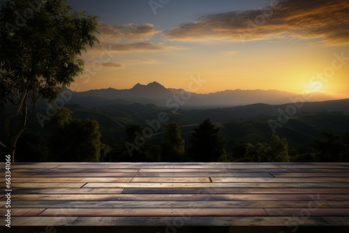 A picturesque scene wooden table with a sunset, sky, tree, mountains