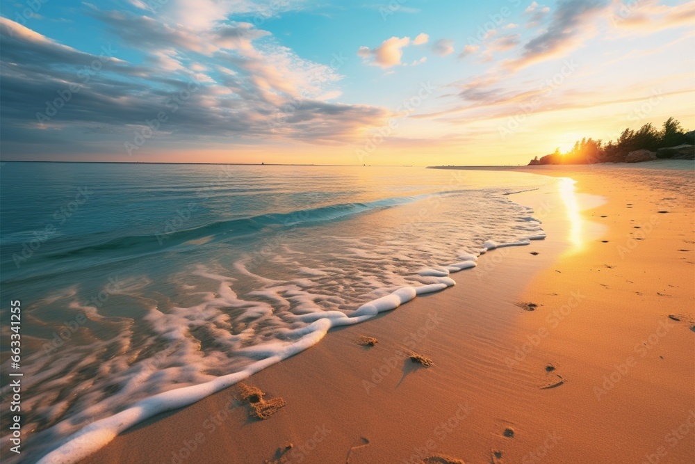 A serene beach under a golden sunset, perfect for a vacation