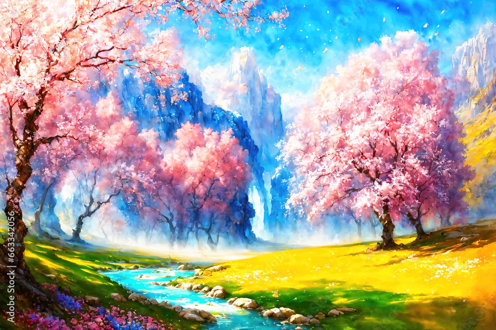 Spring landscape with blooming cherry trees, sakura tree, stylized oil on canvas, forest in sunny day.
