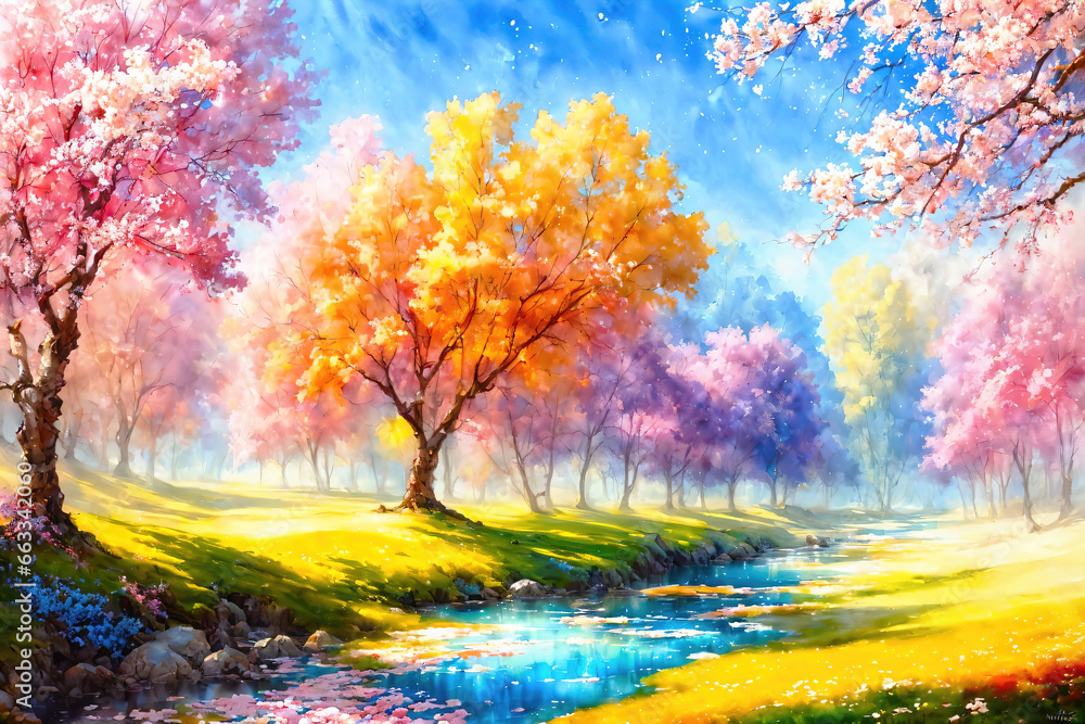 Spring landscape with blooming cherry trees, sakura tree, stylized oil on canvas, forest in sunny day. Spring landscape with blooming cherry trees, sakura tree, stylized oil on canvas, forest in sunny day.
