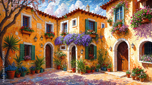 Beautiful house surrounded by flowers, mediterranean architecture oil painting on canvas.