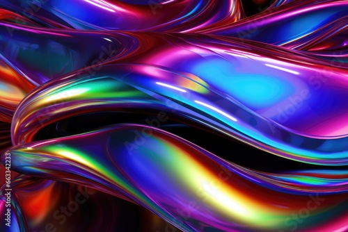 Modern abstract dark background with holographic neon fluid waves. Iridescent gradient colorful amorphous shapes. Gradient design element for banner, wallpaper, poster and cover