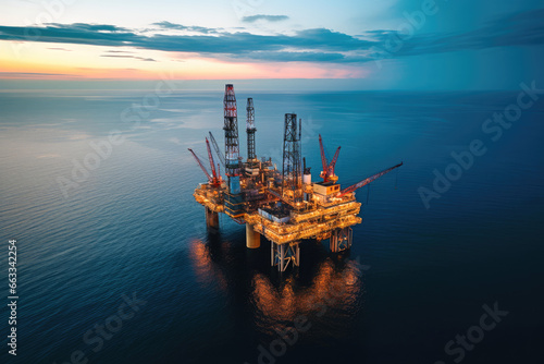 Aerial View of Offshore Oil Rig During Sunset Over Ocean photo