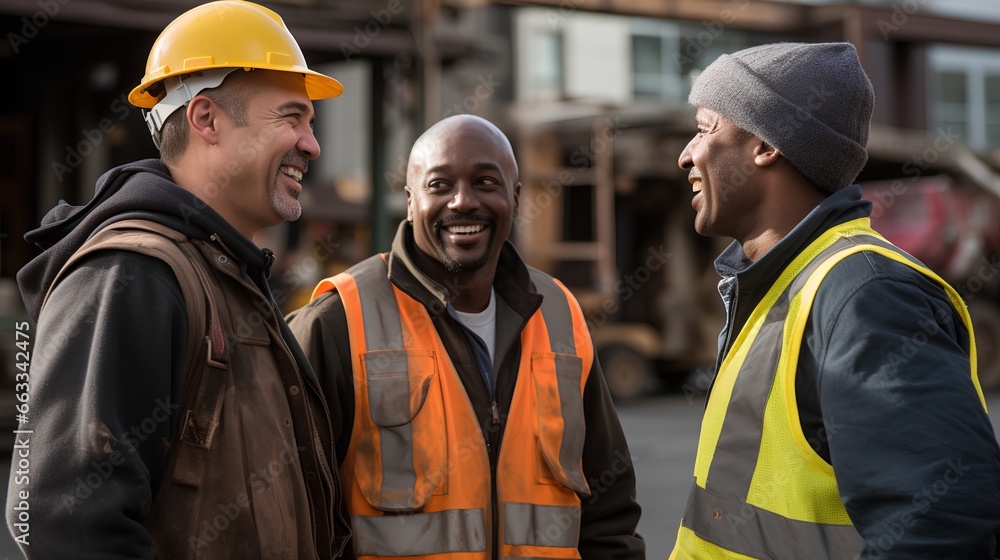 Diverse group of construction workers with friendly conversation on professional construction site. Strong partnership and good relationships with their colleagues. Diversity and equality in workplace - obrazy, fototapety, plakaty 