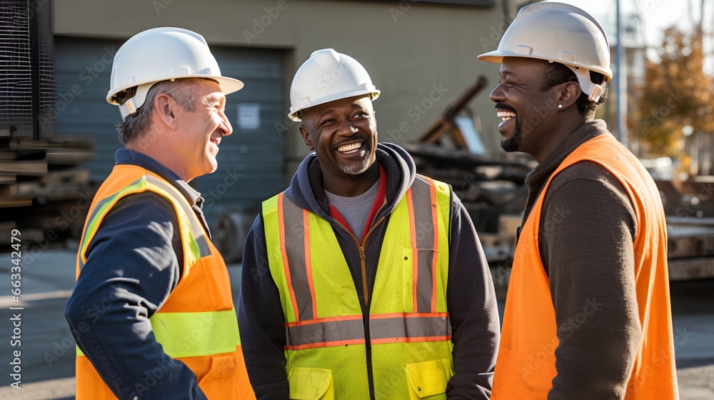 Diverse group of construction workers with friendly conversation on professional construction site. Strong partnership and good relationships with their colleagues. Diversity and equality in workplace Diverse group of construction workers with friendly conversation on professional construction site. Strong partnership and good relationships with their colleagues. Diversity and equality in workplace