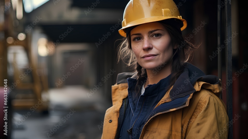 Confident woman on construction site. Strong, independent female leadership with successful career in building. Professionally overseeing work, embodying empowerment and breaking gender stereotypes Confident woman on construction site. Strong, independent female leadership with successful career in building. Professionally overseeing work, embodying empowerment and breaking gender stereotypes