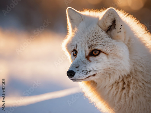 Arctic fox on the snow at sunset. Generative Ai © niki spasov