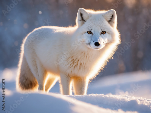 Small cute arctic fox on the snow at sunset. Generative Ai © niki spasov
