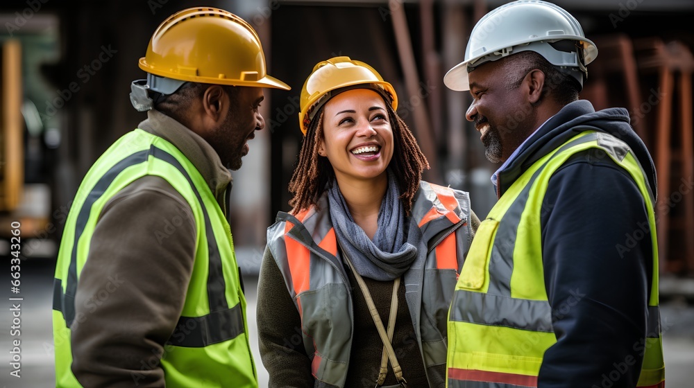 Obraz premium Confident woman on construction site. Strong, independent female leadership with successful career in building. Professionally overseeing work, embodying empowerment and breaking gender stereotypes