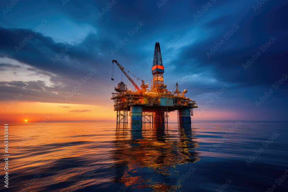 Oil Rig at Sunset Over Calm Ocean