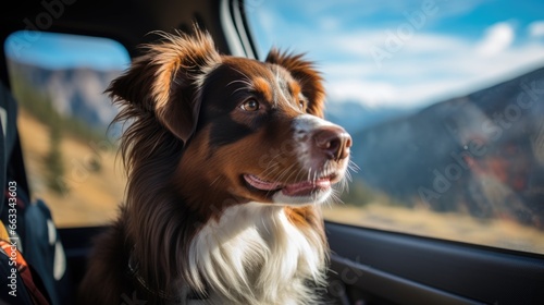 A happy dog travels by car on holiday with the owner.