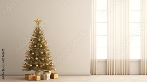  a small christmas tree with gold ornaments and presents in front of a window.  generative ai © Nadia