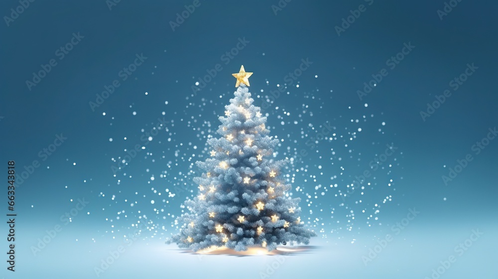  a christmas tree with a star on top in the middle of a blue background with snow flakes and stars on the top of it.  generative ai