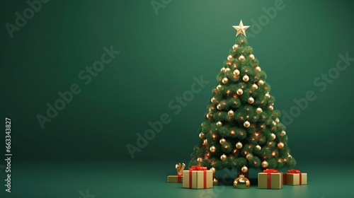  a christmas tree with presents under it on a green background.  generative ai