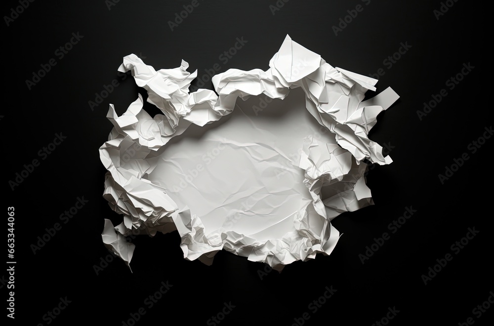 Torn white paper on black background. Generative AI Torn white paper on black background. Generative AI