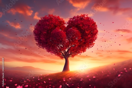 Tree of love. Red heart shaped tree landscape. Valentine's Day background. © Pacharee