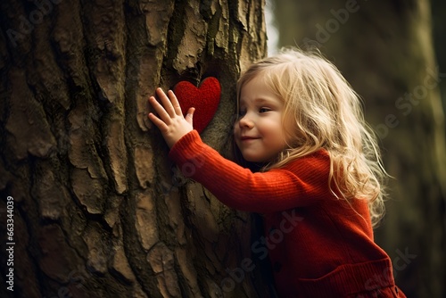 Child hug tree with red heart shape. Valentine's day.