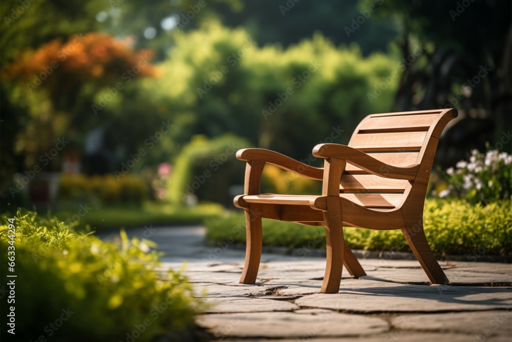 A wooden garden chair, nestled in the serenity of a blurred background