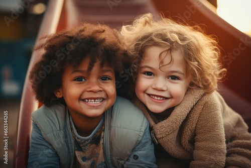 Portrait of two child embracing and laughing hard outdoors. Two cute smiling little boys belonging to different races together for fun, bonding or playing. Best friends