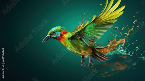  a colorful bird with its wings spread out and splashing water.  generative ai